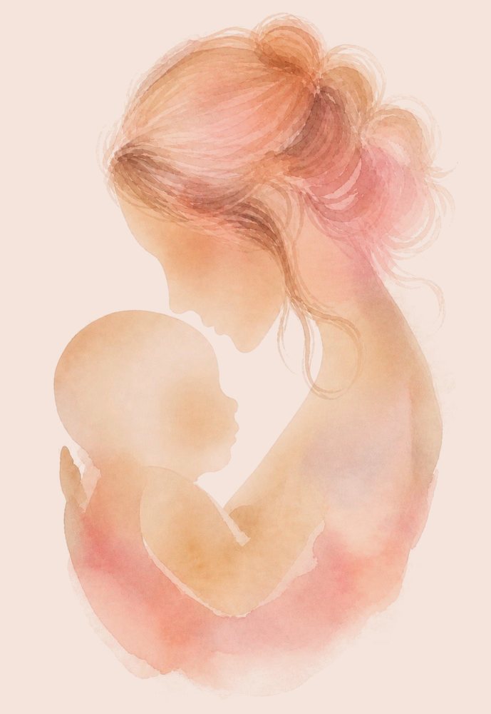 Aquarelle d'une mère tenant son bébé contre elle